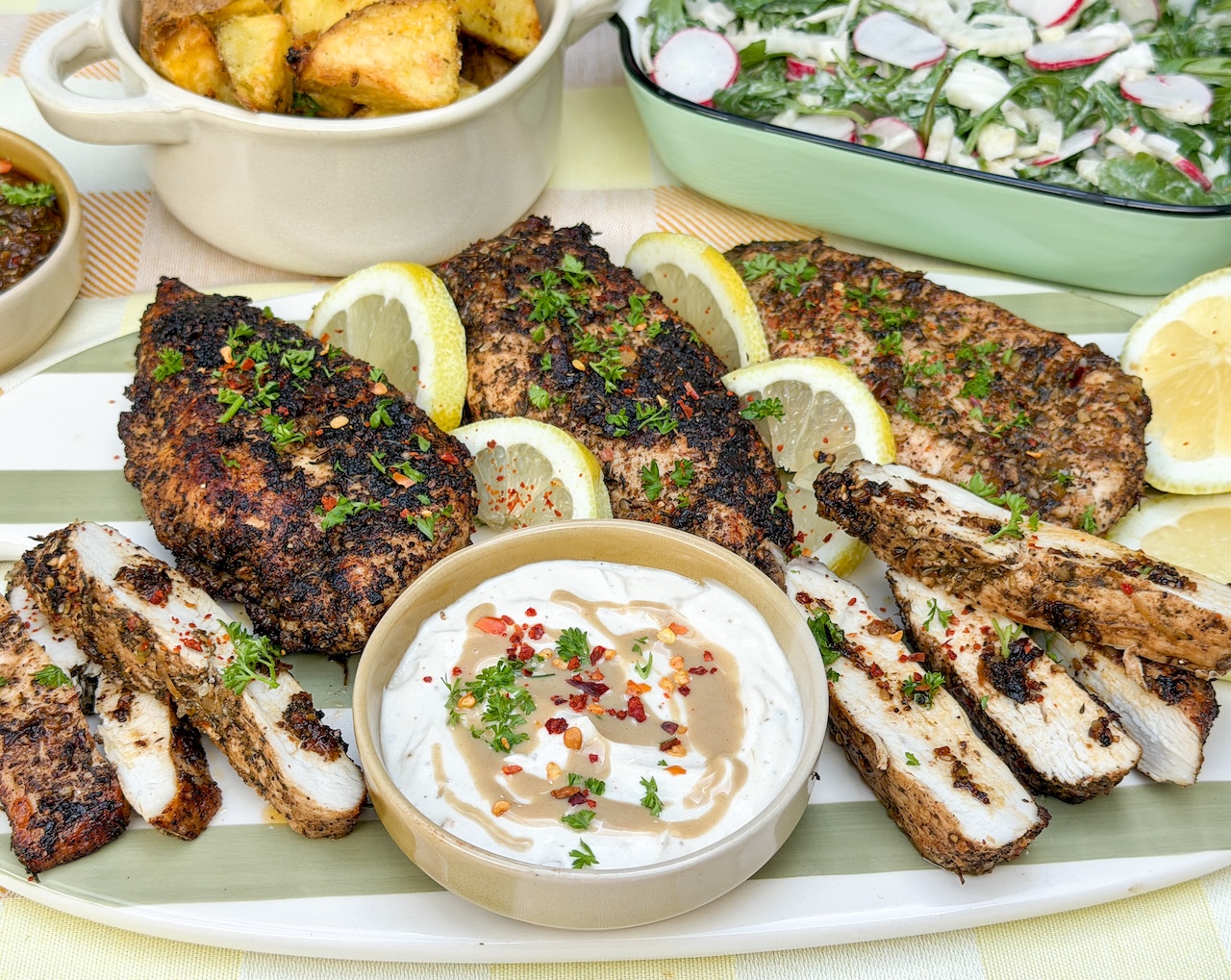 goudbruin gebakken kip met za'atar en citroen geserveerd met aardappeltjes en salade