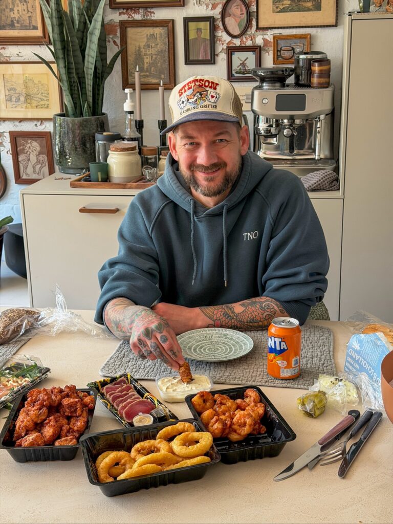 Jan Willem eet vis aan de keukentafel