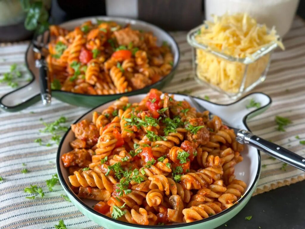 pasta met paprika en champignons