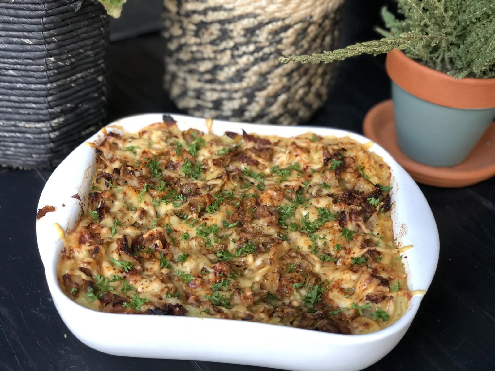 spitskool ovenschotel met spek en kaas
