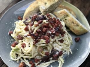 Pasta met prei en spek