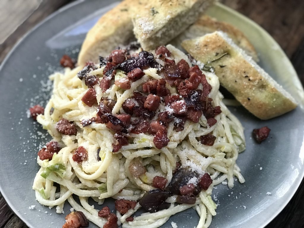 Pasta met prei en spek