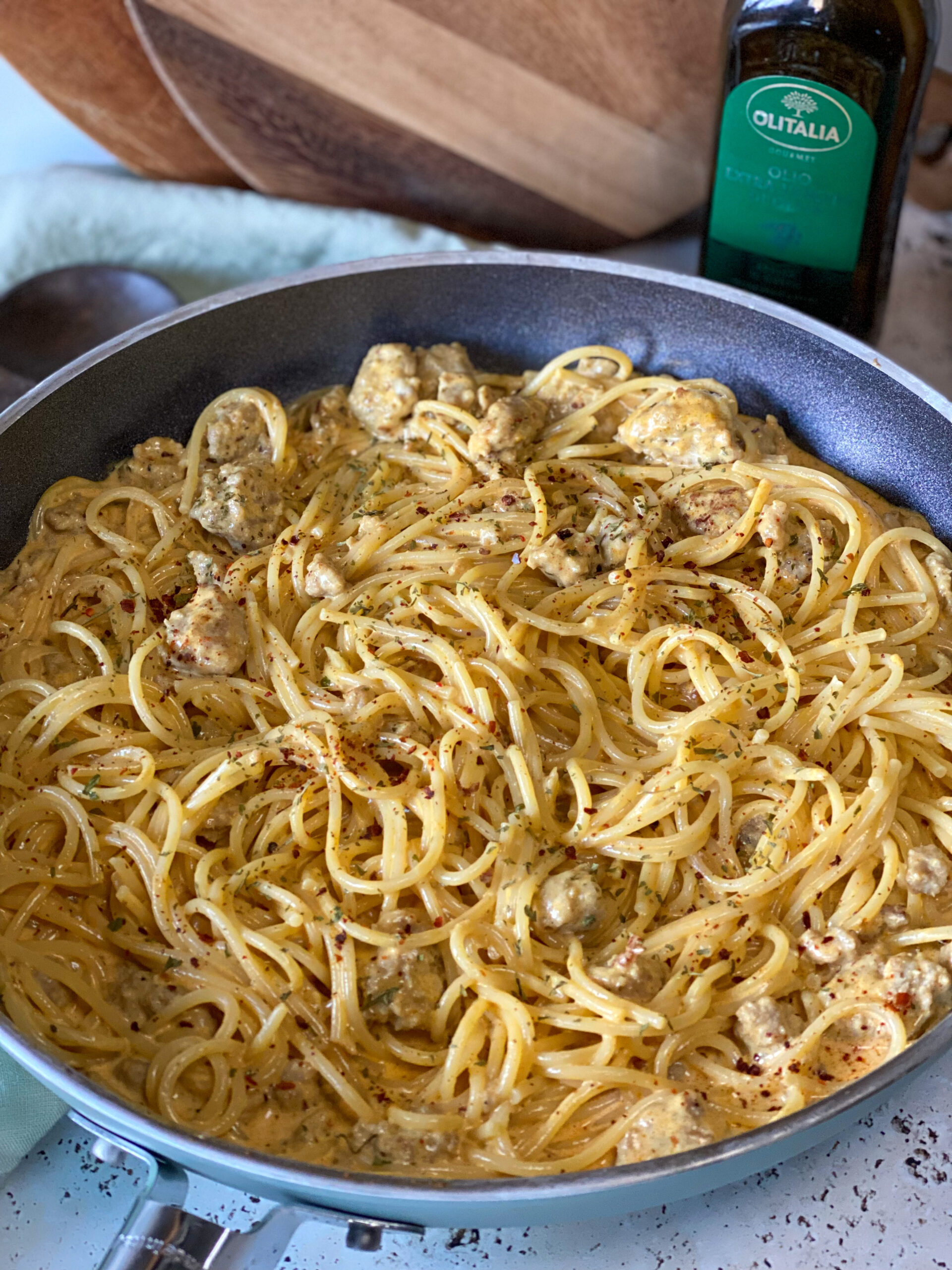 spaghetti met Boursin en verse worst