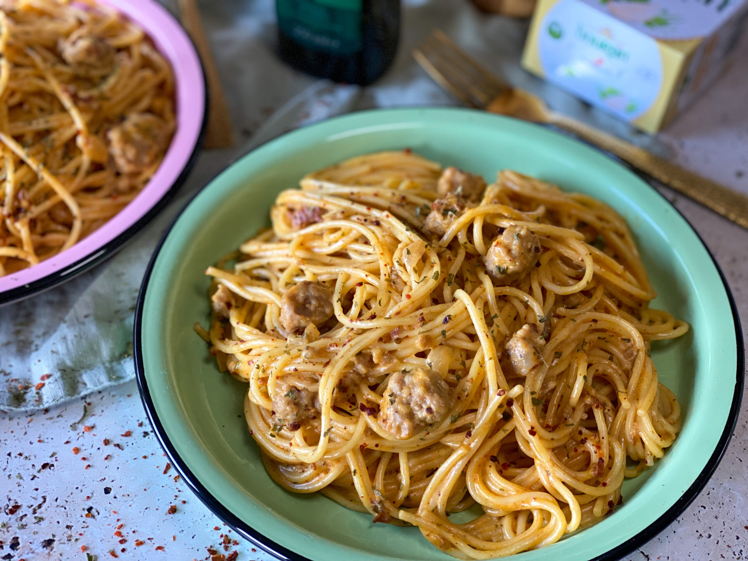 spaghetti met Boursin en verse worst