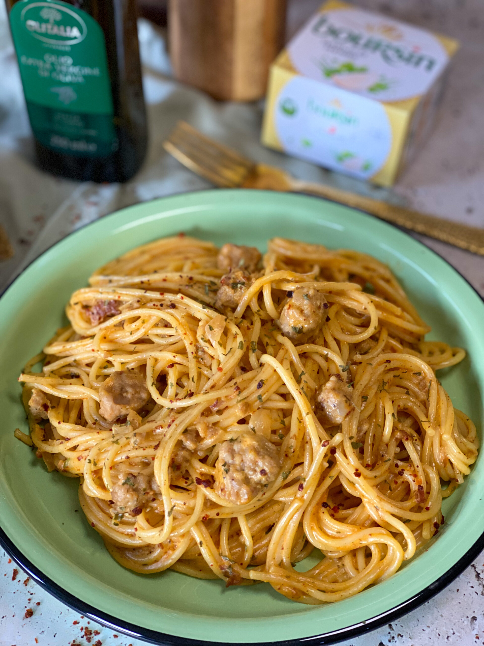 spaghetti met Boursin en worst