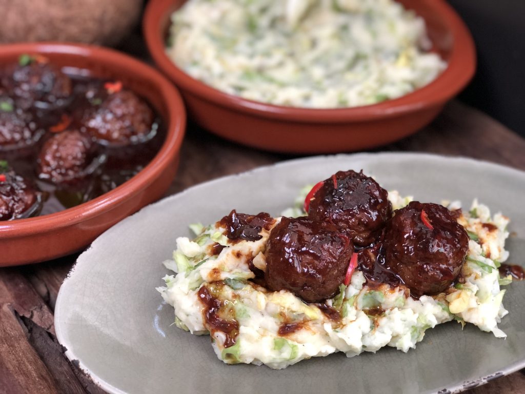 andijviestamppot met Indische gehaktballen