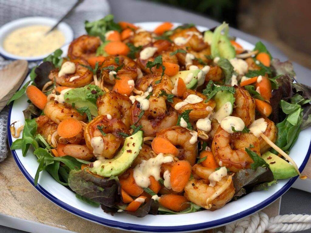 salade met honing - knoflook gamba's 