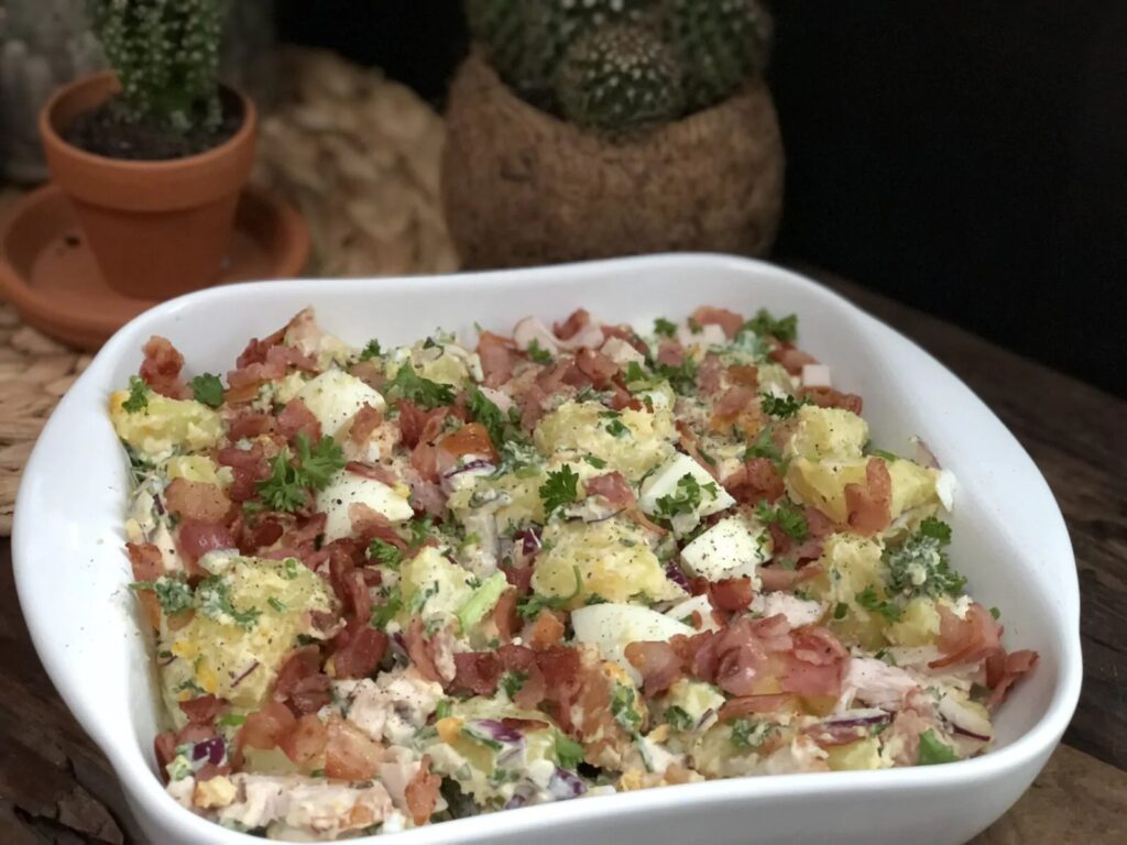aardappelsalade met gerookte kip en spek