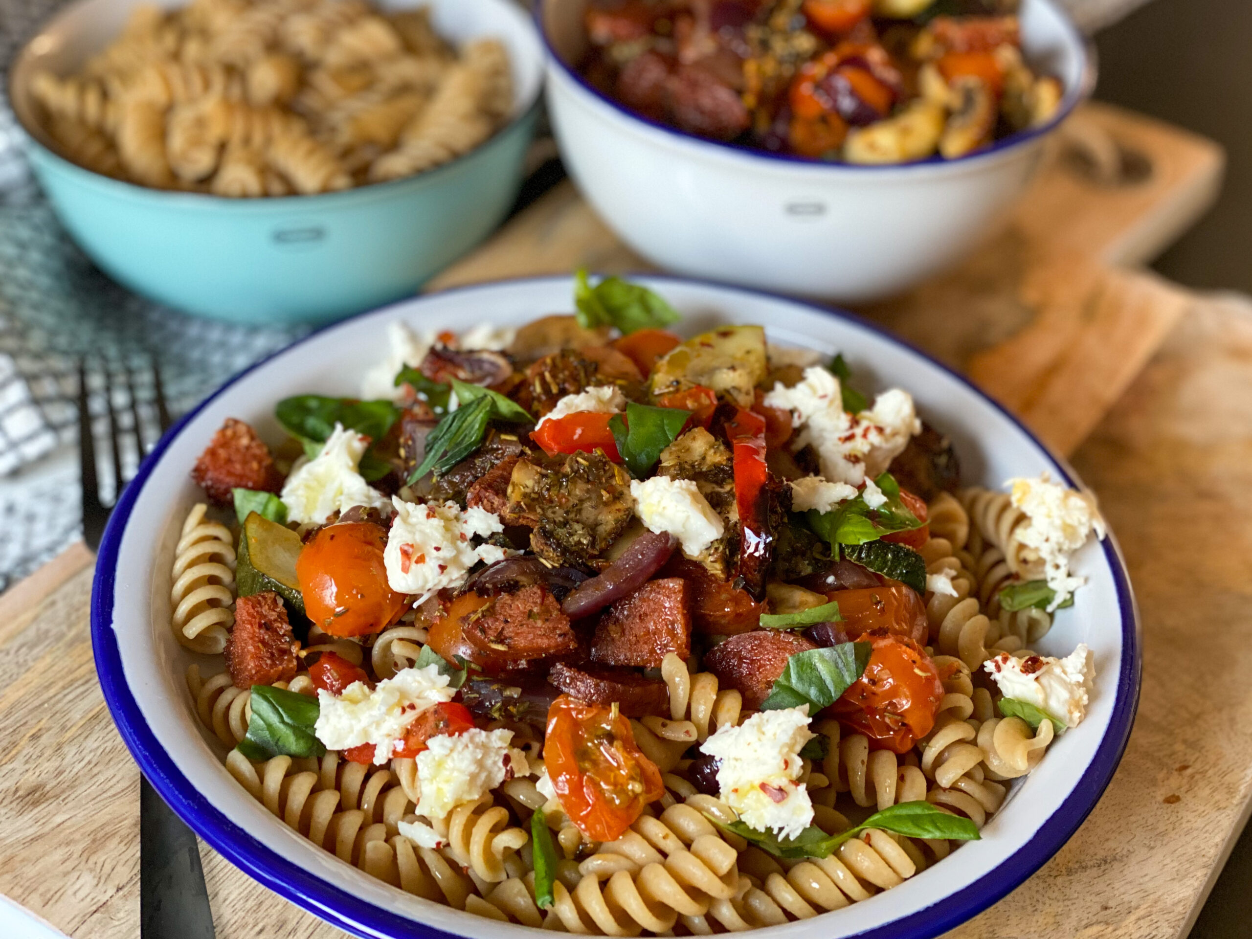 pasta met geroosterde groenten en chorizo