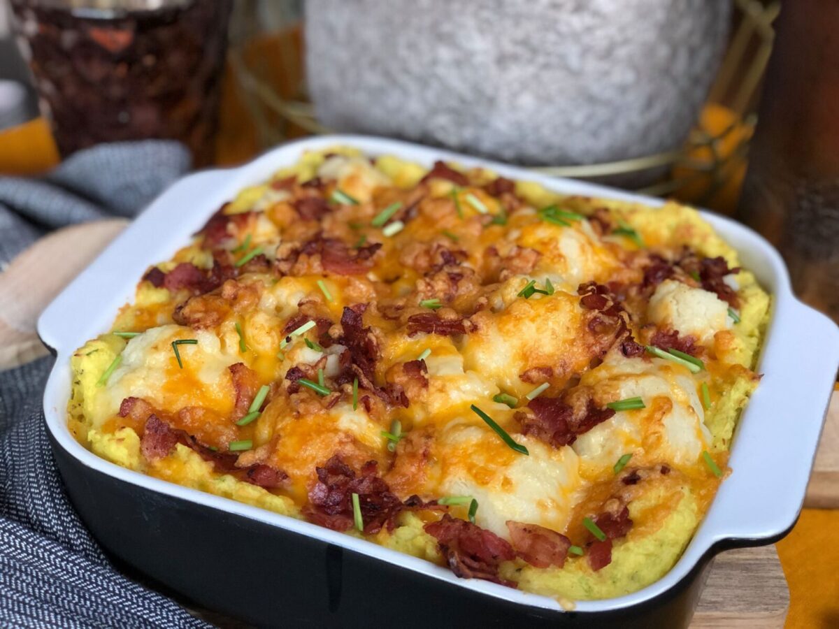 bloemkool ovenschotel met spek en kaas, recept uit weekmenu 42 van familie over de kook